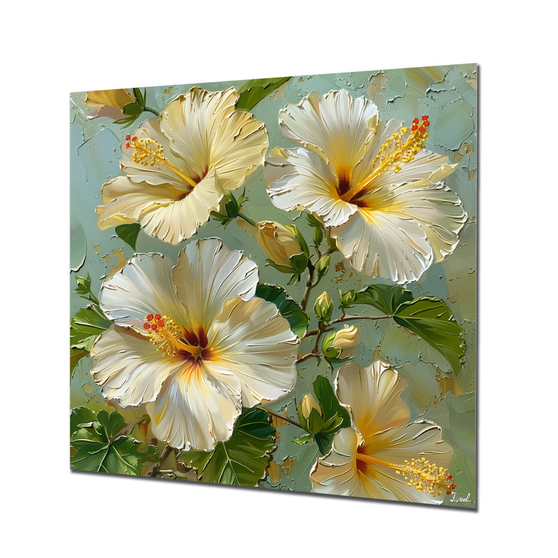 Hibiscus blanc et vert, Métal métal, H 16 po x l 16 po x P 1 po