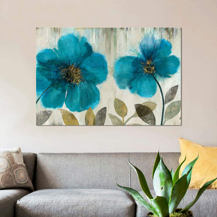 «Teal Flowers», reproduction sur toile, H 12 po x l 18 po x P 1,5 po, Pas de tapis, Toile tendue