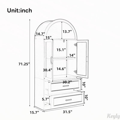 Armoire de rangement arquée avec portes et tiroirs en verre trempé