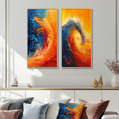 Ensemble de 2 pièces d'art mural orange et bleu abstrait - vagues côtières