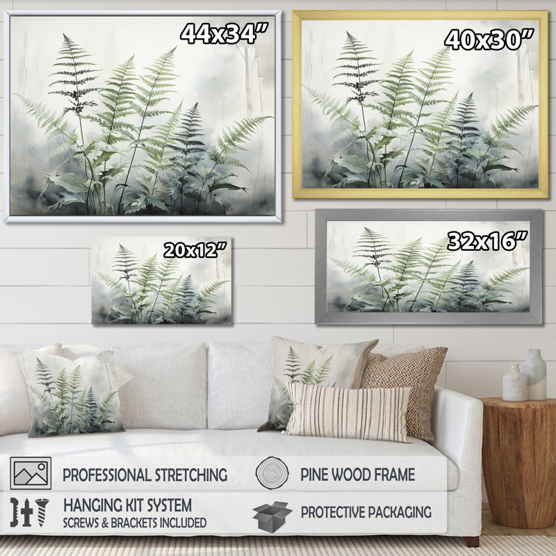 Ferns Silver Whispers II - fougères, impressions sur toile, Cadre simple blanc, H 30 po x l 40 po x P 1,5 po