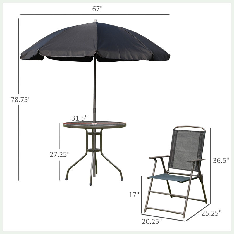 Ensemble de salle à manger d'extérieur 6 pièces pour 4 personnes avec parasol, table ronde en verre trempé de 80 cm et 4 chaises pliantes en maille, acier, noir et café