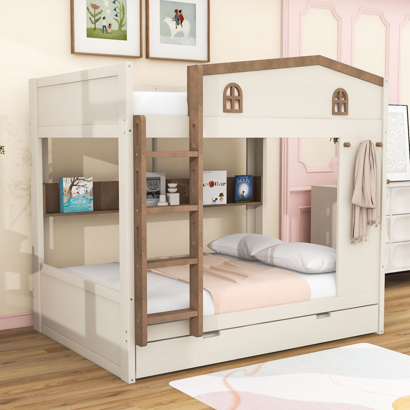 Bunk Bed with Twin Trundle and Storage Shelves, Beige/Natural, Full Over Full