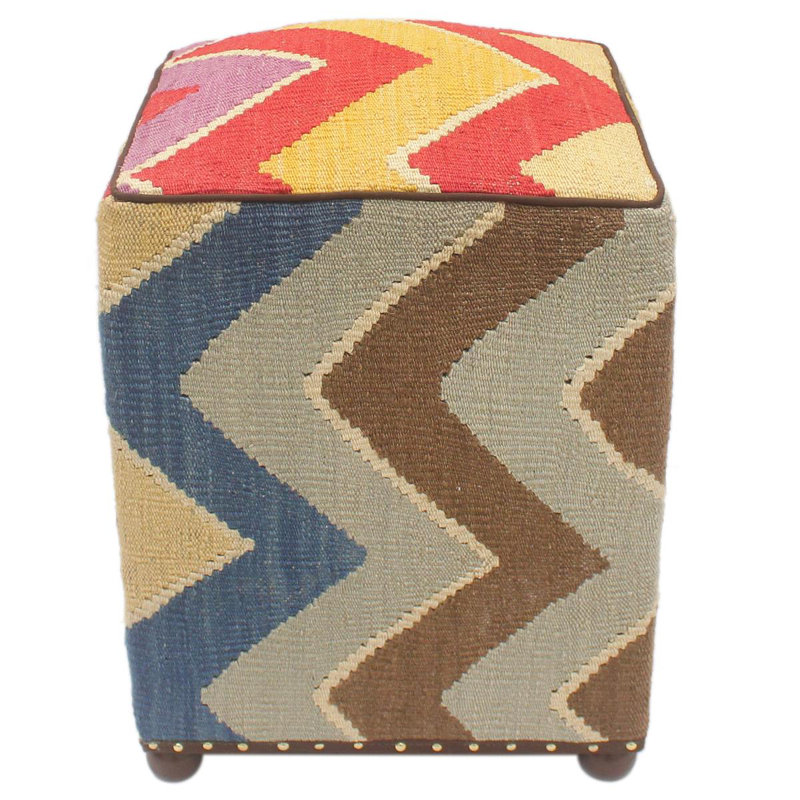 Aprea Upholstered Ottoman, Red/Blue/Tan/Beige Wool