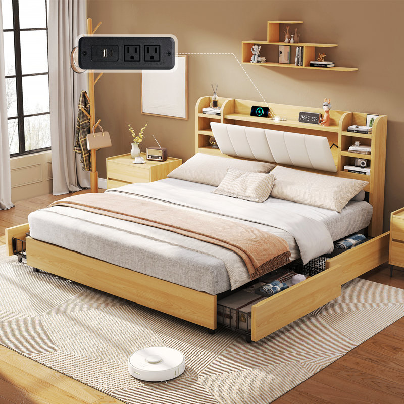 Revan Ebern Designs Bed Frame With Headboard, Platform Bed Frame With 4 Storage Drawers & Hidden Storage, Bookcase Bed Frame With Charging Station