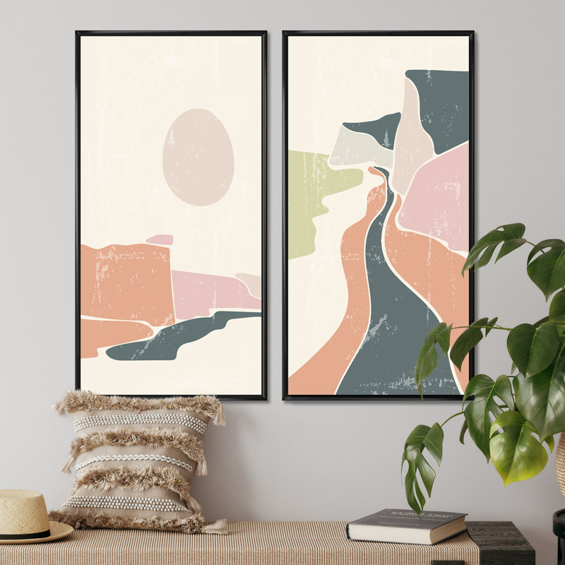 «Retro Coloured Vintage Landscape I», ensemble de 2 peintures, H 32 po x l 32 po x P 1 po, Toile avec cadre noir