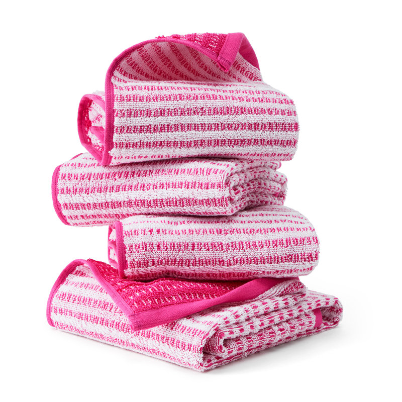 TOWN & COUNTRY PLAY 4-Piece Striped Reversible Terry Brights Hand Towel Set, 20x30-Inch, 100% BCI Cotton, Pink