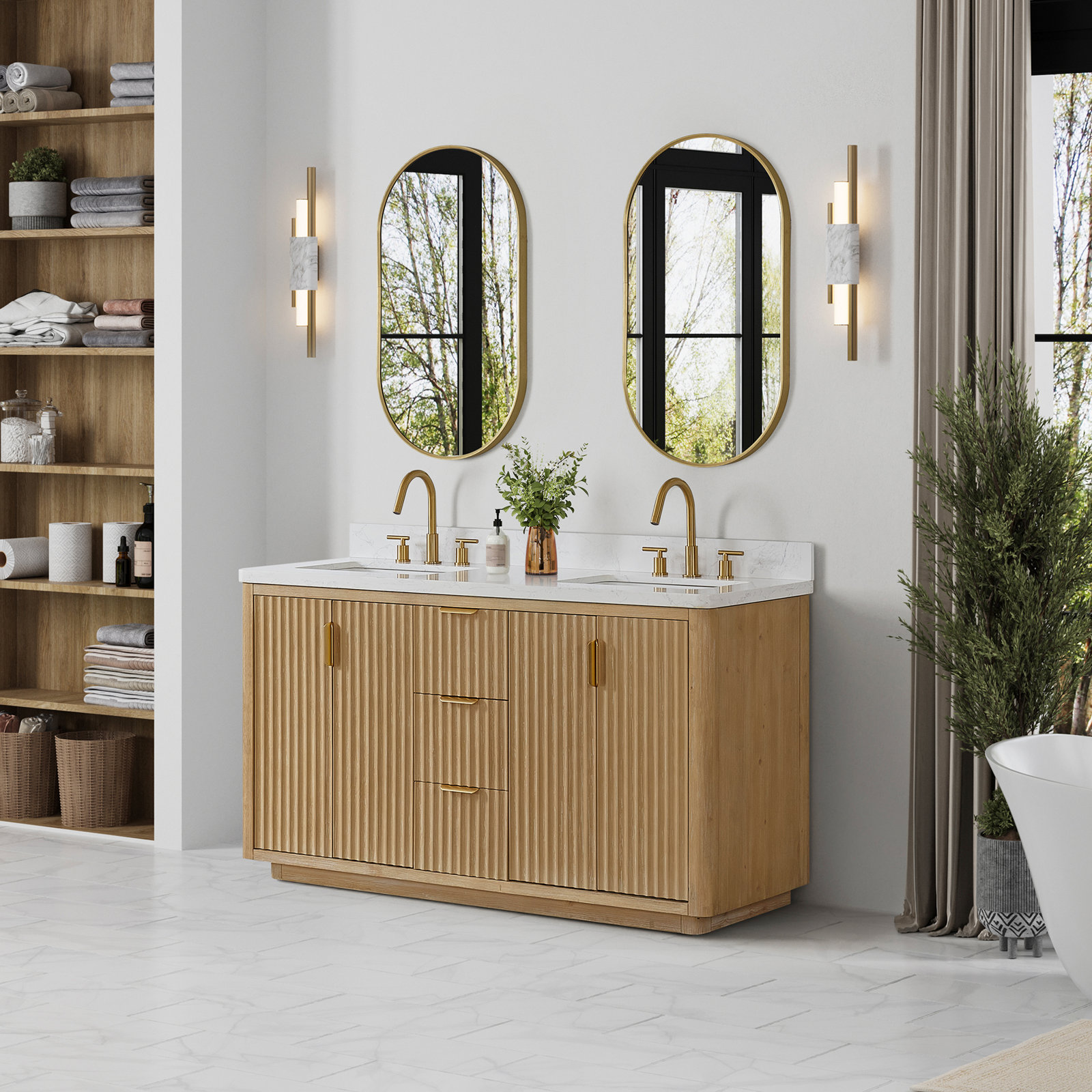 Adela 60'' Double Bathroom Vanity, White, Brown, Gold