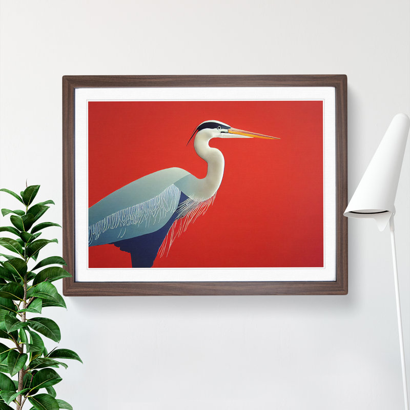 A Lively Heron Bird - Single Picture Frame Print, 46cm H x 64cm W x 2cm D, Walnut