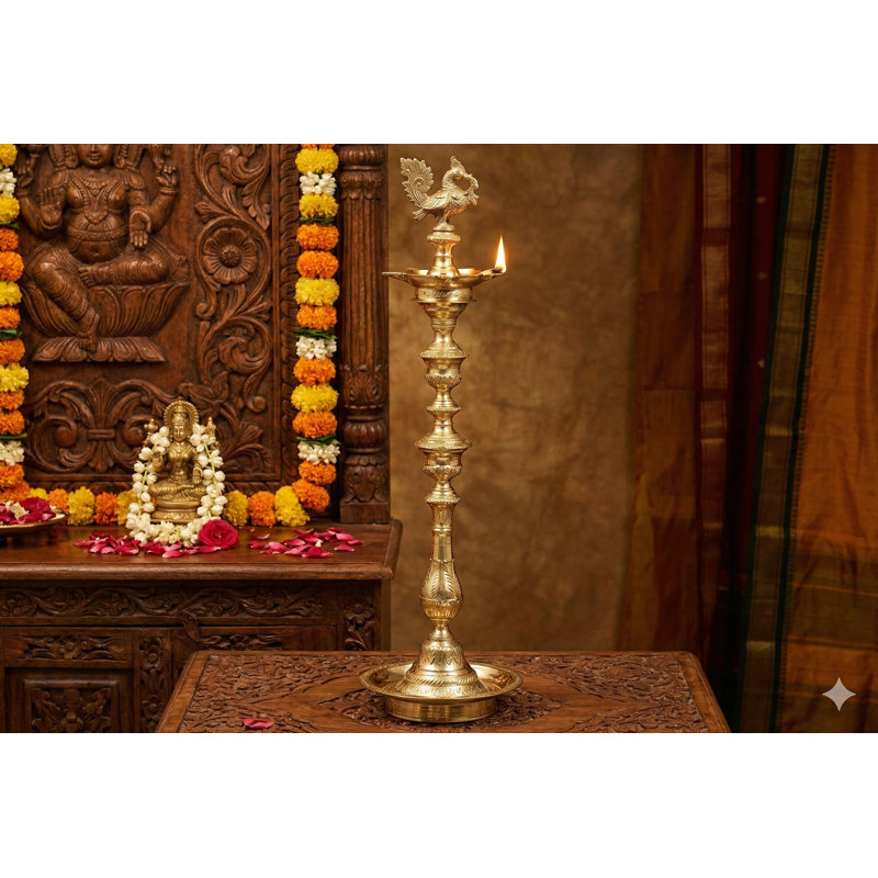 43-Inch Handcrafted Brass Peacock Oil Lamp, Traditional Annam Floor Lamp for Spiritual Home Décor