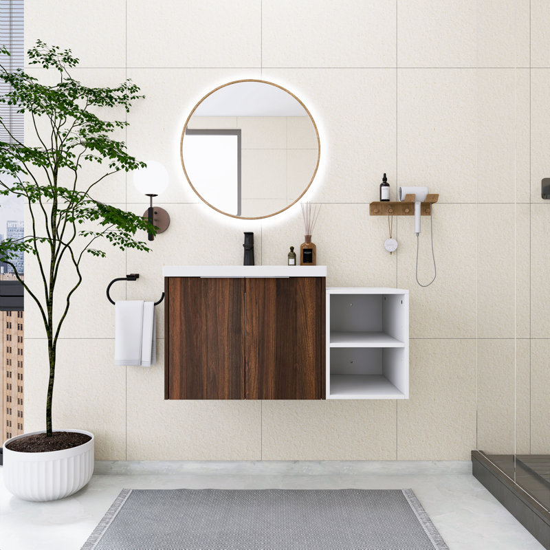 Meuble-lavabo flottant 36 po avec petites tablettes de rangement, lavabo en résine intégré, armoire combinée 24 po et 12 po, noyer californien