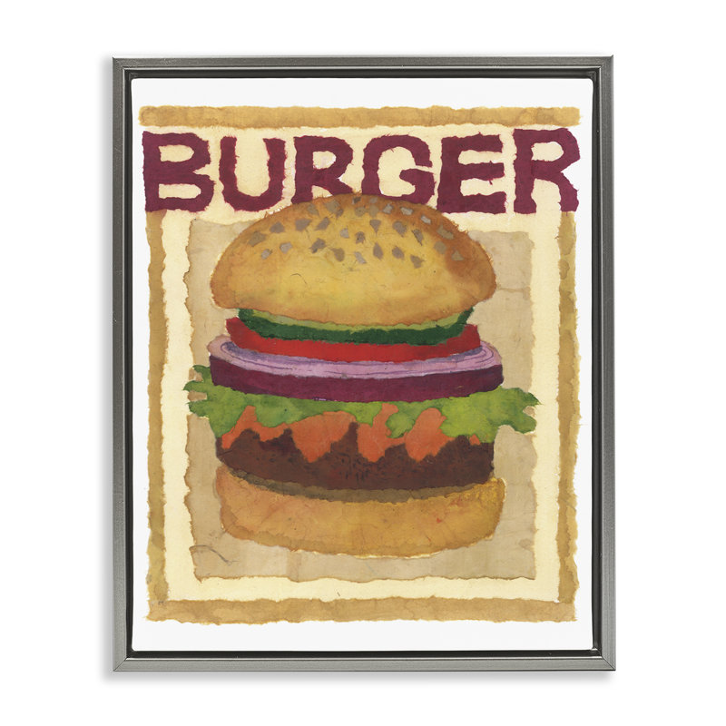 "Watercolor Style Burger", art mural sur toile flottante par Nancy Overton, H 31 po x l 25 po, Cadre flottant gris lustré