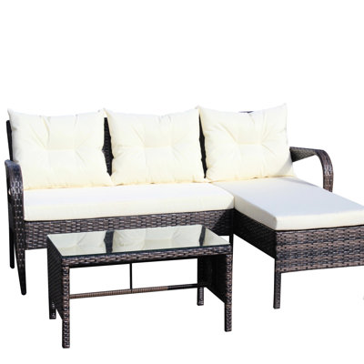 Outdoor Patio Furniture 3 Piece: Sectional With Seat Cushions (Beige) - Robust 2 Seater, Restorative Lounger, Functional Coffee Table Piece : Cozy Beige &
