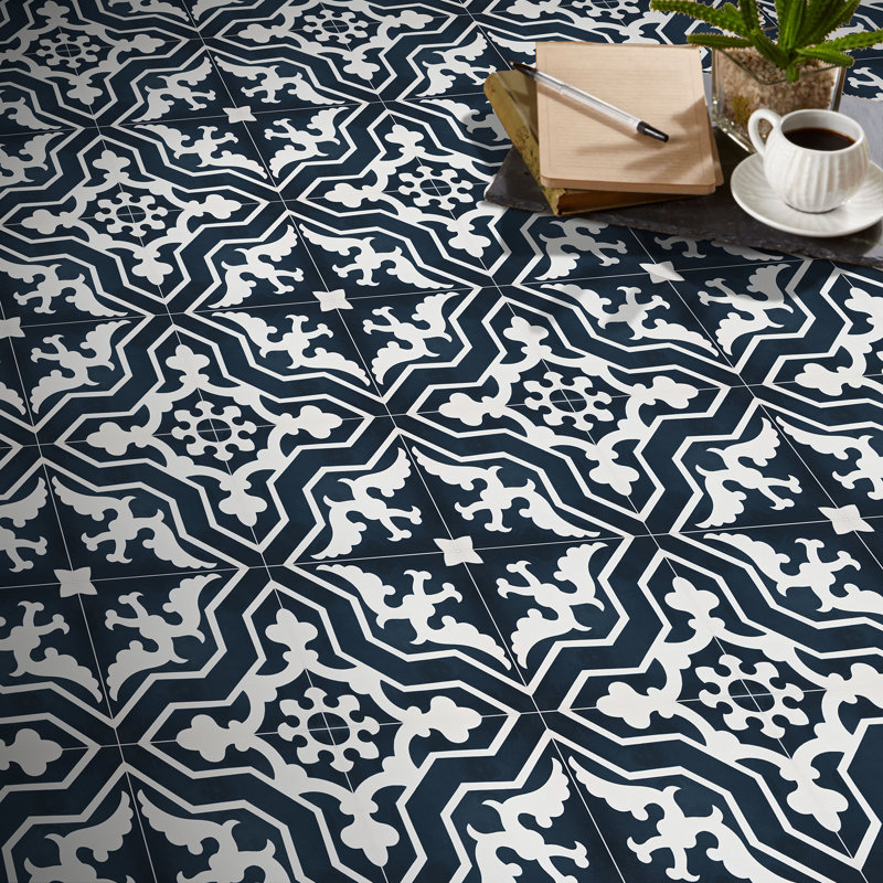 Temara 8" x 8" Cement Patterned Wall & Floor Tile, Blue/White