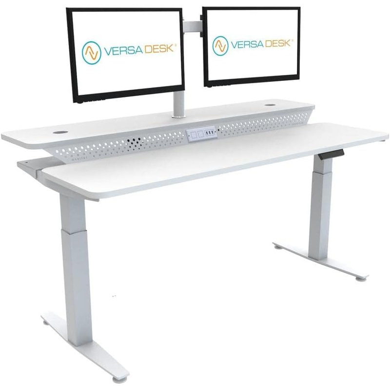 Bureau debout électrique PowerLift, réglable en hauteur avec bureau à deux niveaux, prises USB et prises de courant, Blanc
