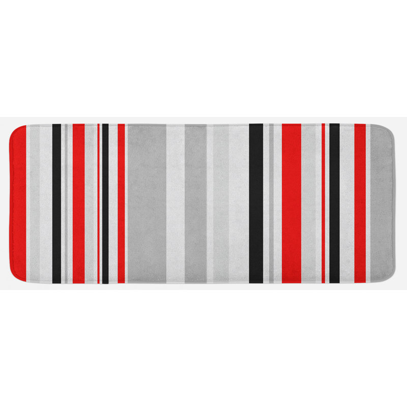 Tapis de cuisine rayé de différentes tailles avec lignes abstraites de style rétro gris pâle et vermillon
