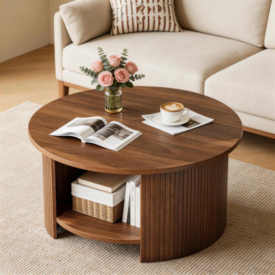 31.5" Handcrafted Round Drum Coffee Table with Storage – Solid Wood Fluted Design 