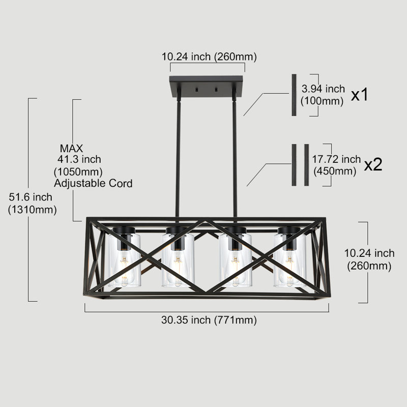 Luminaire suspendu carré / rectangulaire noir mat à 4 lumières Hargimont