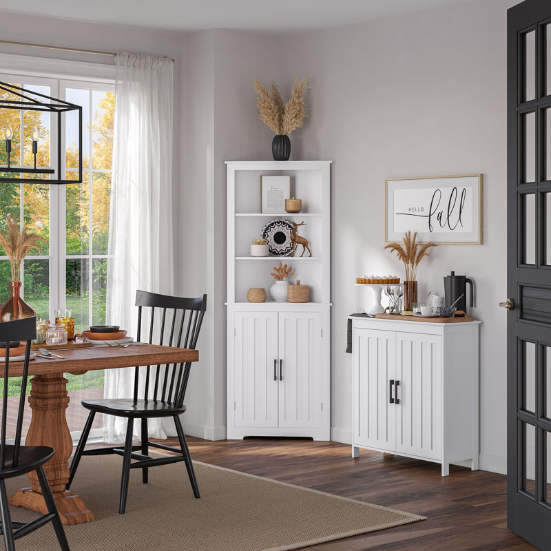 White Tall Corner Storage Cabinet with Adjustable Shelving