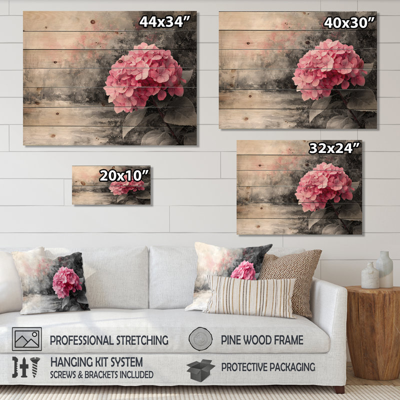 Hortensia en lumière rétro II - impression sur bois d'hortensia - sur bois de pin naturel, H 34 po x l 44 po