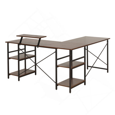L-Shape Industrial Desk With Storage Shelves, Walnut
