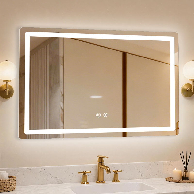 Miroir de salle de bain rectangulaire 35,5 po x 23,5 po à DEL, avant et rétroéclairé, 3 couleurs, à intensité variable, désembuage