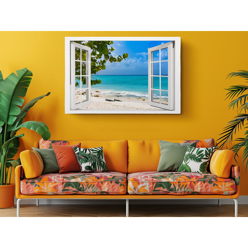 «Beach Ocean Blue Sky View From Window», reproduction sur toile, H 20 po x l 30 po