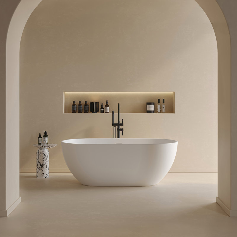 Baignoire autoportante de 59 po x 29,5 po, baignoire autoportante ovale en résine de forme pierre, baignoire de trempage blanche à surface solide avec trop-plein et bonde escamotable