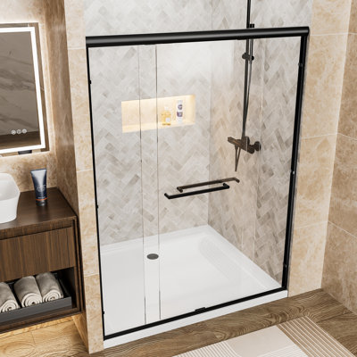 Matte Black Aluminum Frame Double Sliding Shower Door 54" W X 72" H, 1/4"  6Mm  Clear Tempered Glass With -Proof Film, Waterproof And Easy To Install In Bathroom Wide High Glass, Frame, , Waterproof,