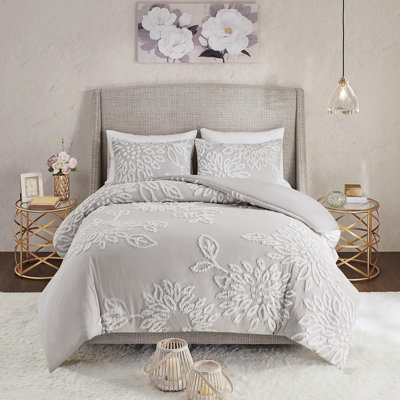 Housse de couette en coton chenille très grand / très grand gris chaud avec motif floral