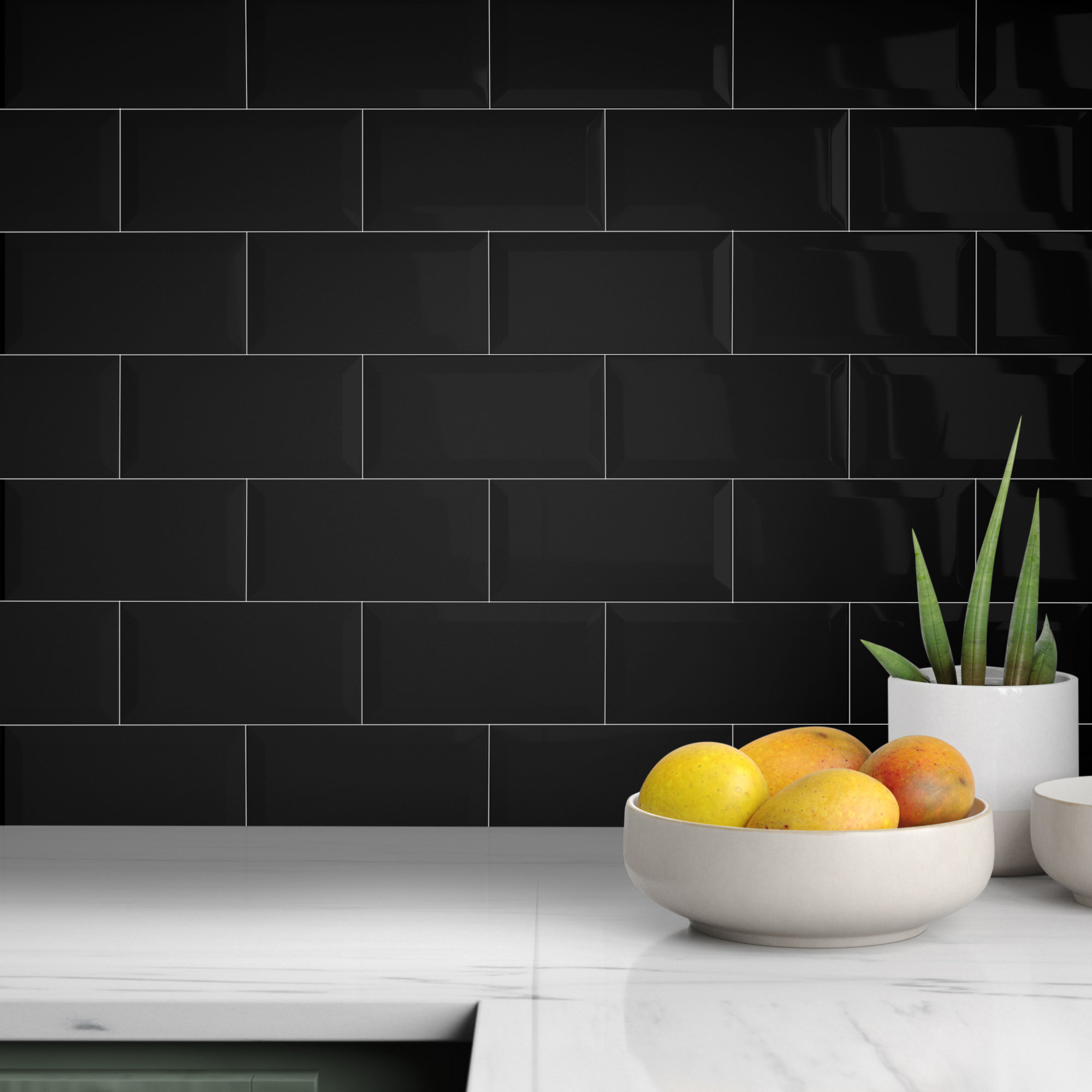 Santorini Biselado 4" x 8" Beveled Ceramic Subway Wall Tile, Biselado Nero