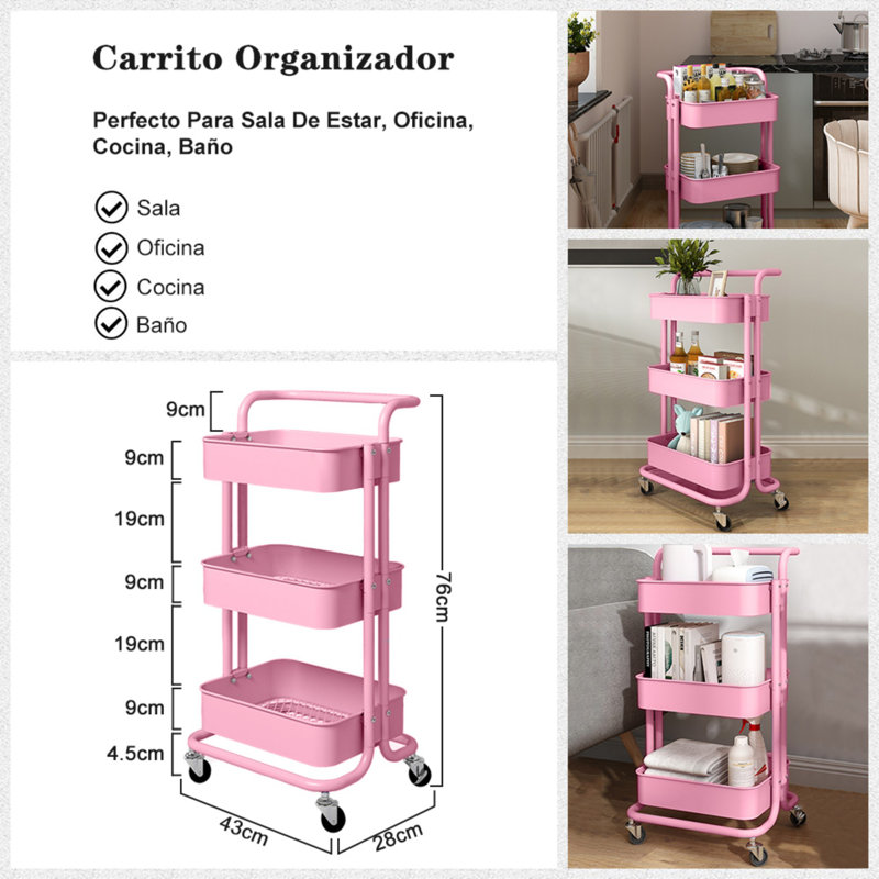 Multifunctional 3-Tier Rolling Metal Kitchen Cart with Handle Pink, Pink