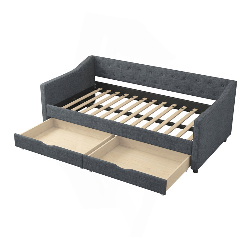Twin Size Daybed With Drawers Upholstered Tufted Sofa Bed, With Button On Back And Piping On Waved Shape Arms-Dark Grey, Twin