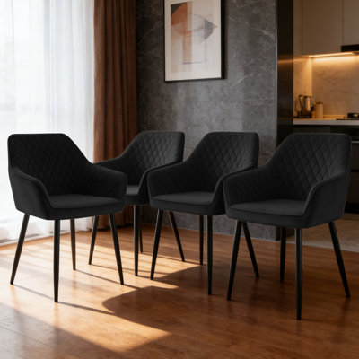 Velvet Upholstered Dining Chairs With Armrests & Diamond Tufting  