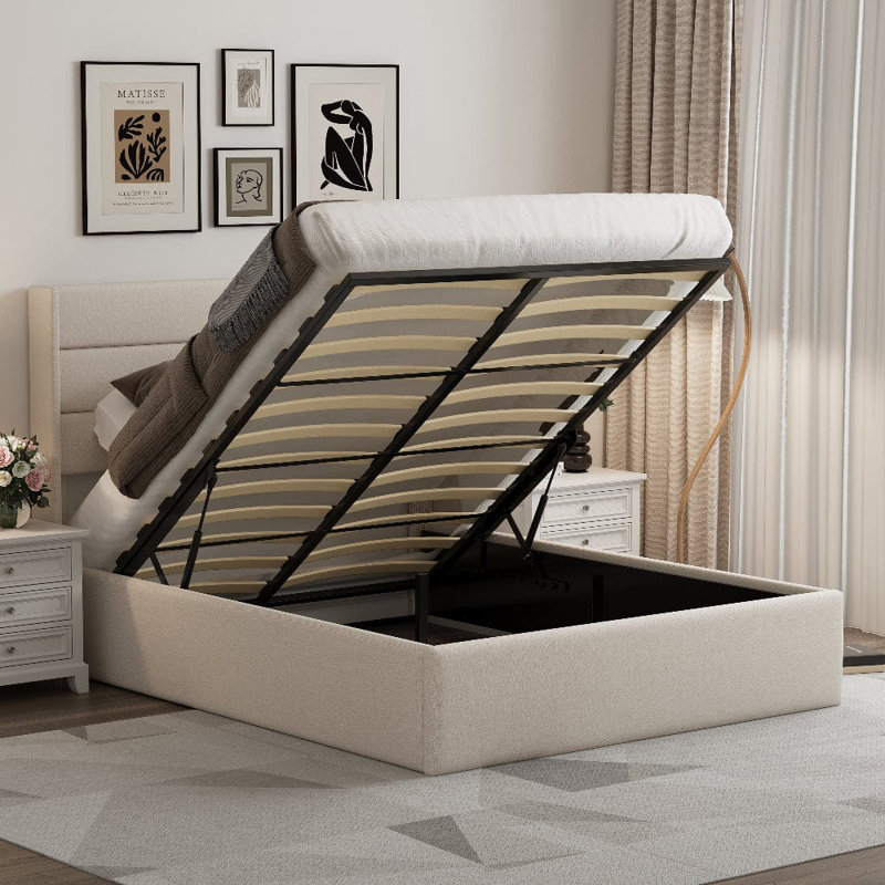 EASE Linen Pneumatic Lift Up Bed Frame Bed, Beige, Kingsize (5')