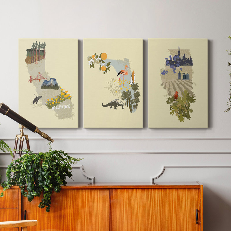 «Illustrated State-California», ensemble de 3 impressions sur toile tendue, H 12 po x l 24 po x P 1 po