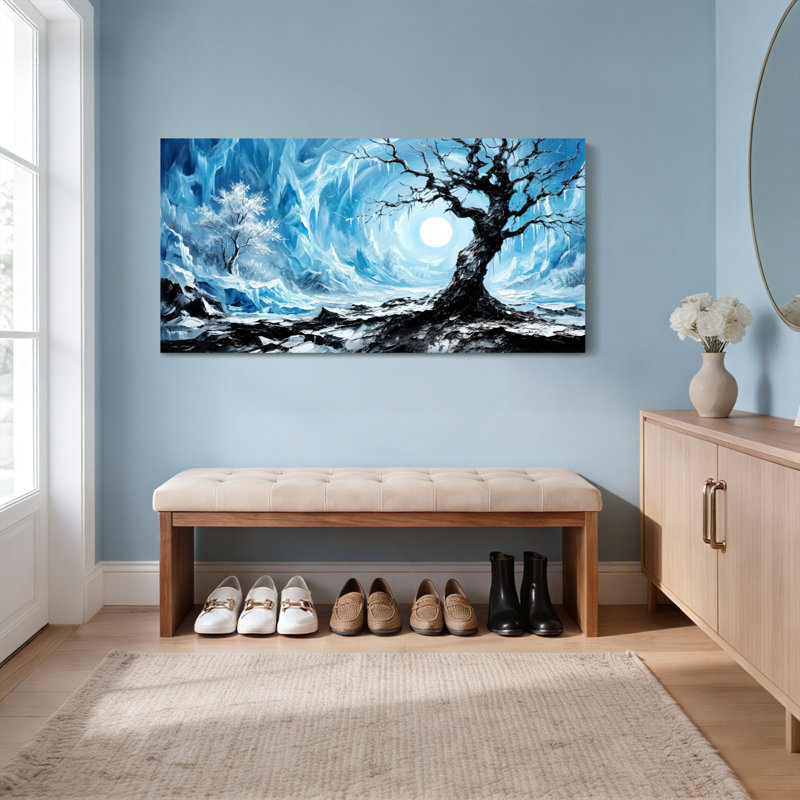 Paysage d'hiver avec arbre enneigé et clair de lune, reproduction d'art sur toile tendue sur toile, ensemble de 1