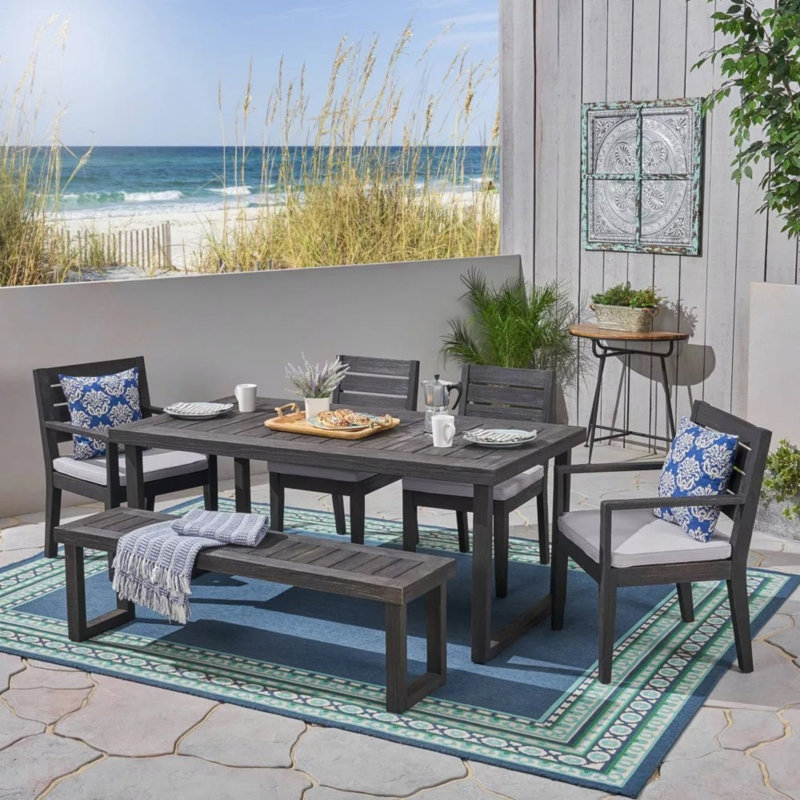 Ensemble repas d'extérieur en bois d'acacia 6 places avec banc