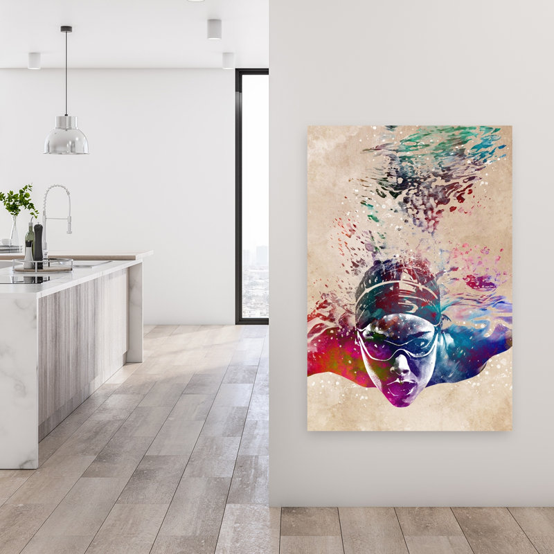 «Vibrant Underwater Swimmer», art mural contemporain, H 48 po x l 32 po