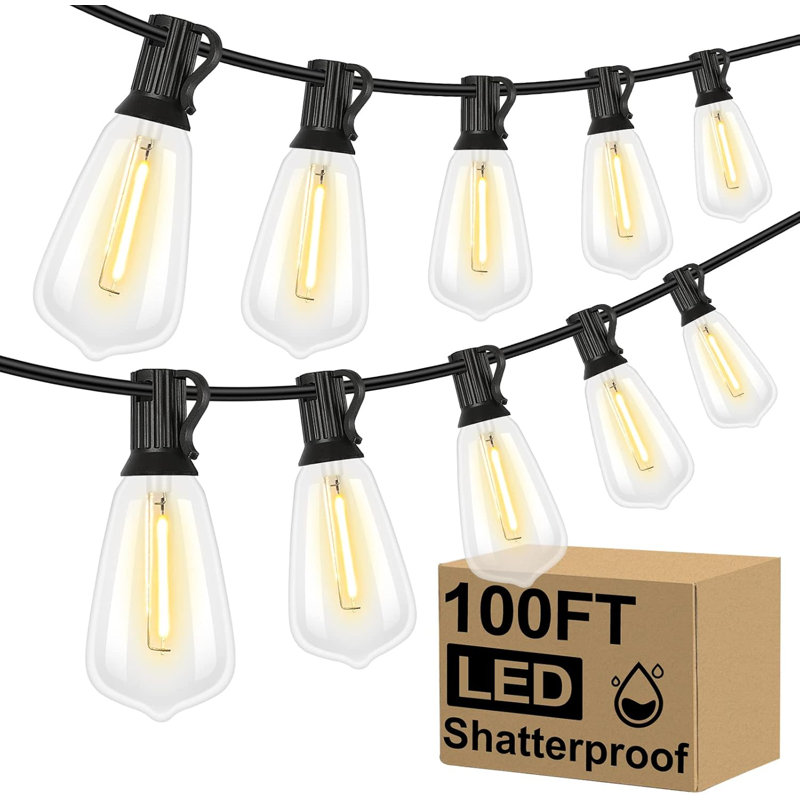 Arlmont & Co. LED Outdoor String Lights 100FT Patio Lights With 52 Shatterproof ST38 Vintage Edison Bulbs