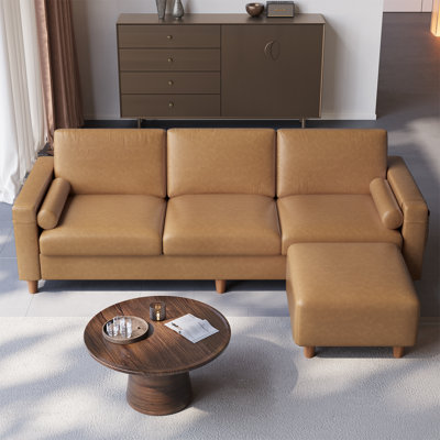 100" Faux Leather Couch With Movable Ottoman, 3 Seater L Shaped Pu Leather Sofa With Side Pocket