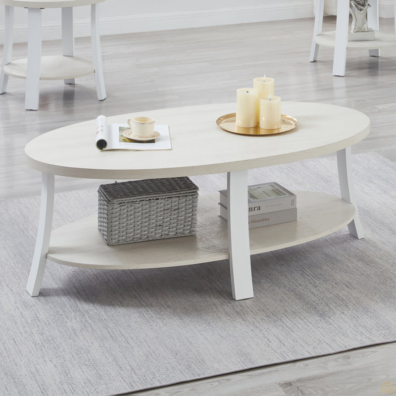 Table basse ovale à tablette en bois, Blanc