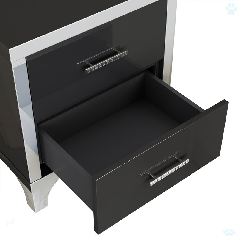 Elegant High Gloss Nightstand With Metal Handle, Black