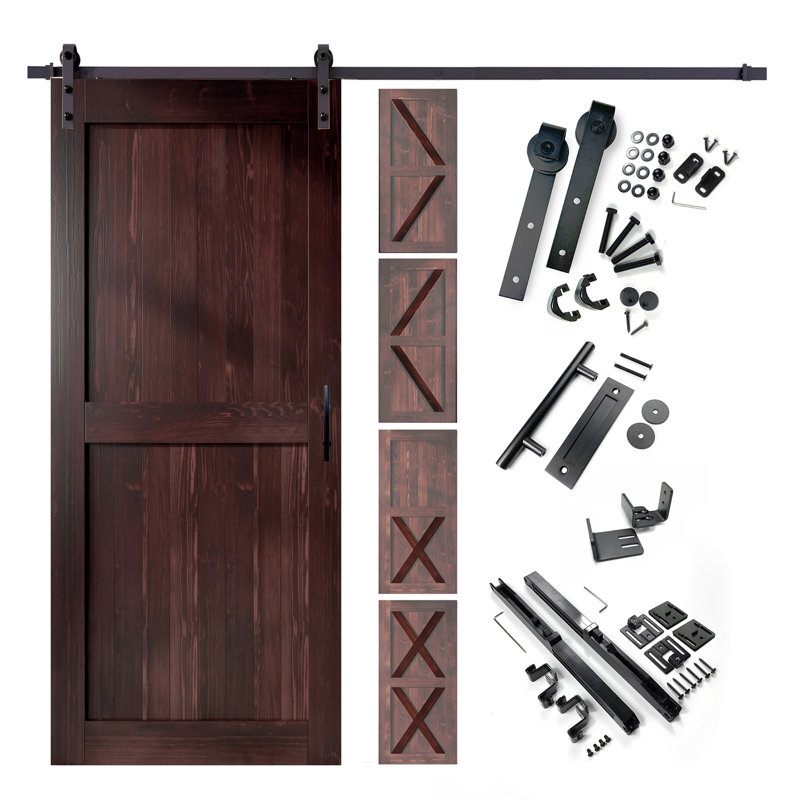 Porte en bois de pin massif 5-en-1 de conception 80 po avec quincaillerie d'installation rustique noire 5 en 1, Rouge