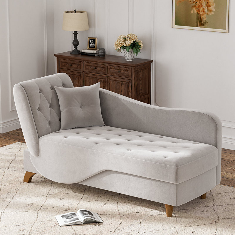 Chaise longue rembourrée en velours avec rangement Acotas, Velours gris velours