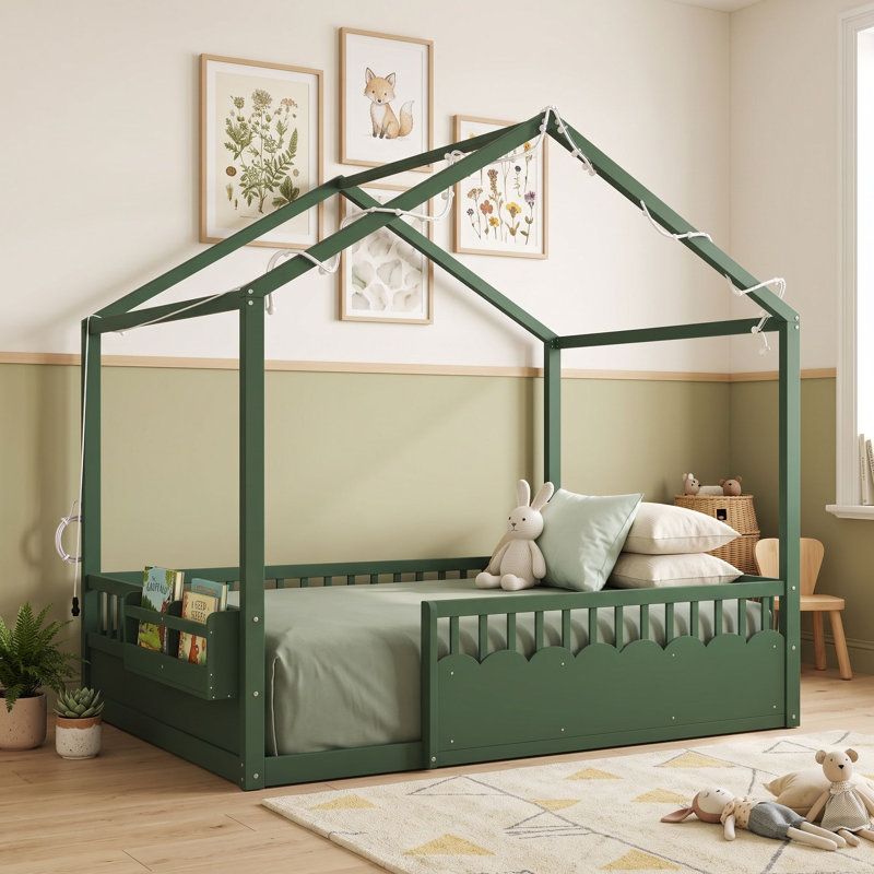 Lit Montessori au sol de taille standard avec baldaquin, barrières de sécurité et guirlandes lumineuses, Vert