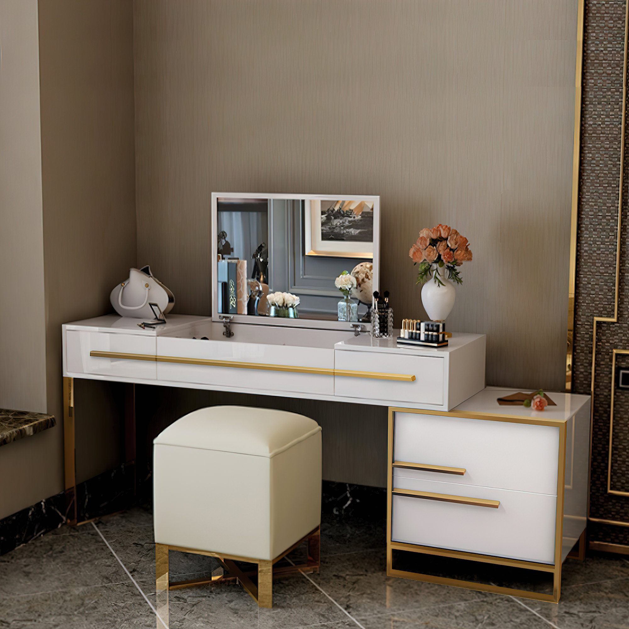Makeup Vanity with Flip-Top Mirror and Nightstand Everly Quinn Color: White/Gold