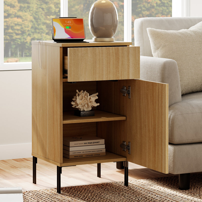 Union Rustic Set Of 2 Reeded End Table With Charging Station, Modern Minimalist Wooden Nightstand With Drawer For Bedroom, Living Room, Sofa Office