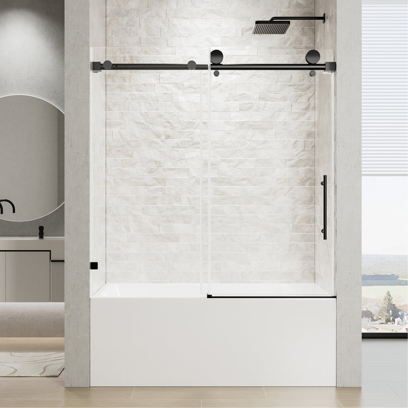 56"-60" W x 60" H Frameless Single Sliding Shower Door, Matte Black Bathtub Door, 5/16" (8mm) Clear Tempered Glass With Explosion-proof Film, Stainless Steel Handle