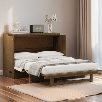 Lit escamotable à armature pliable de style campagnard avec placage géométrique, avec station de charge et grand tiroir de rangement, pour le bureau personnel, le salon et les invités